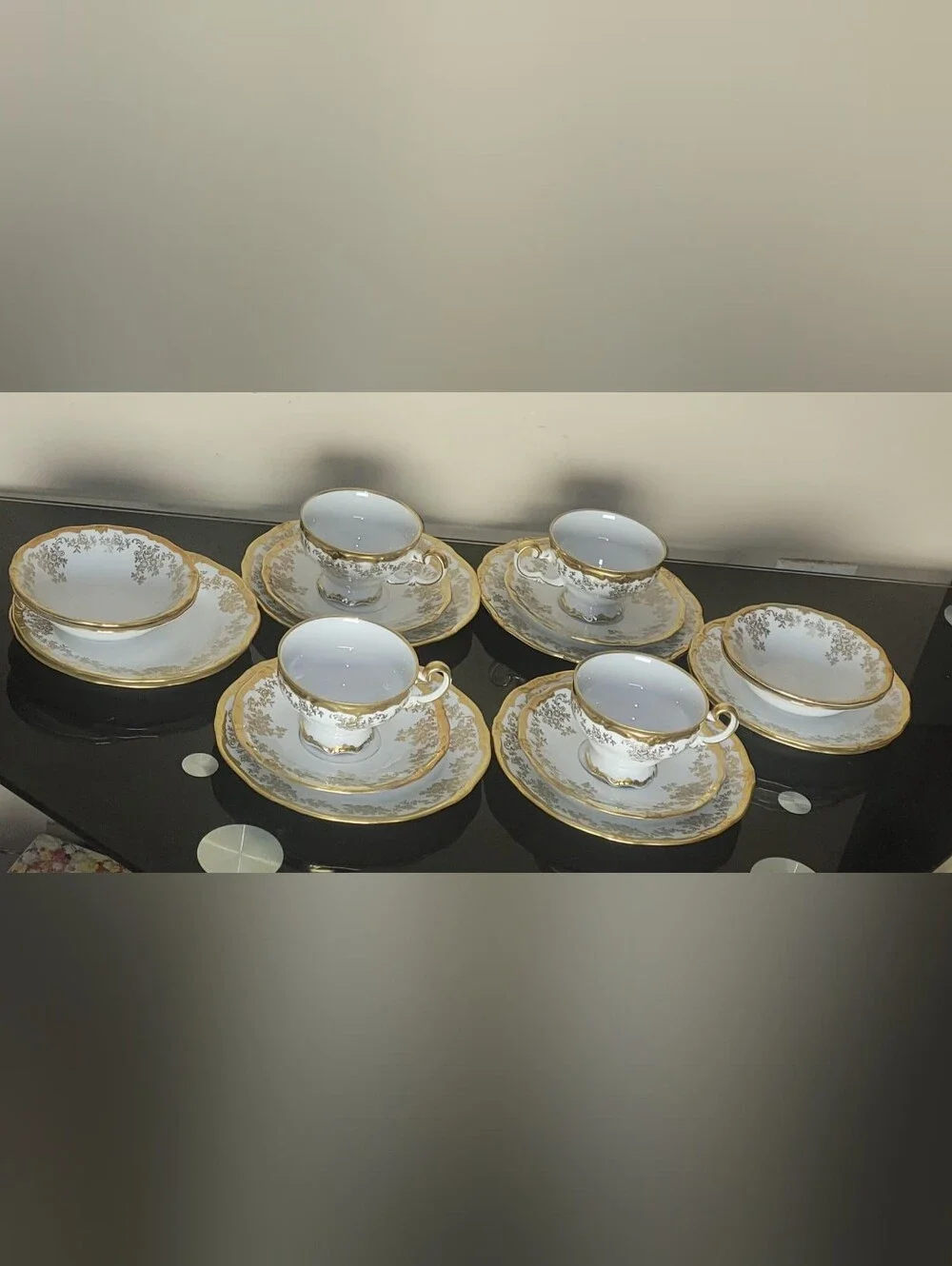 VINTAGE WEIMAR White and Gold Porcelain Teacup and Saucer Set 20 PIECES